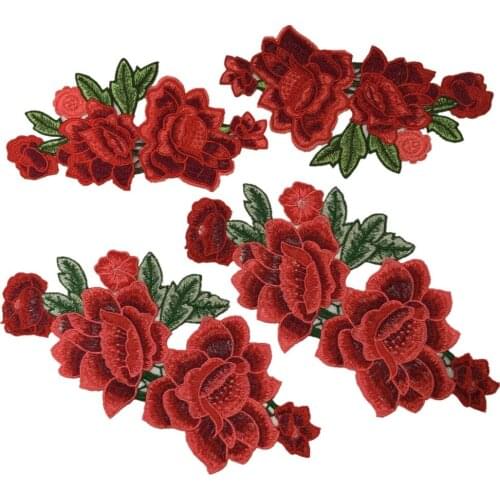Embroidery red Floral Patches Lace Fabric Motifs Applique Sewing Accessories for Craft Wedding Dress Clothing