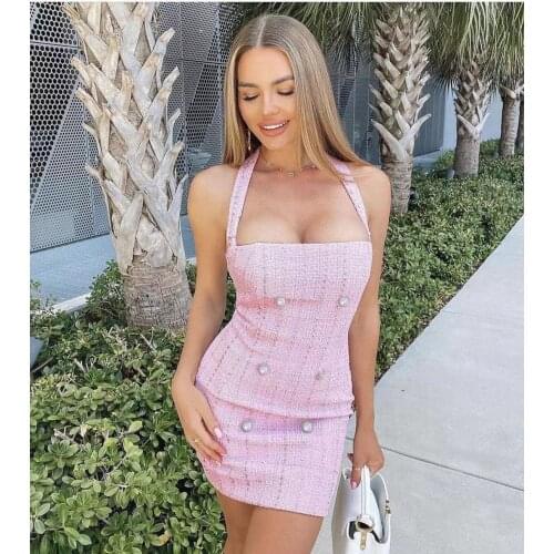 High Quality Pink Neck-mounted Bodycon Cute Dress Elegant Club Party Dress Vestidos