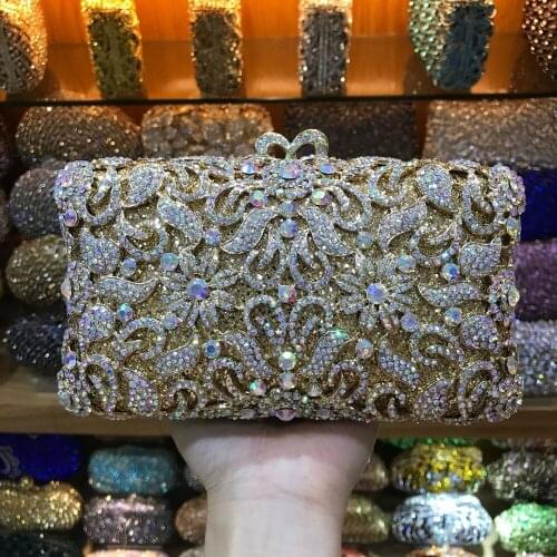 XIYUAN Gold Metal Clutch Bags Multicolored Crystal Hollow Out Evening Clutches Handbags Women Party Purse Ladies Shoulder Bag