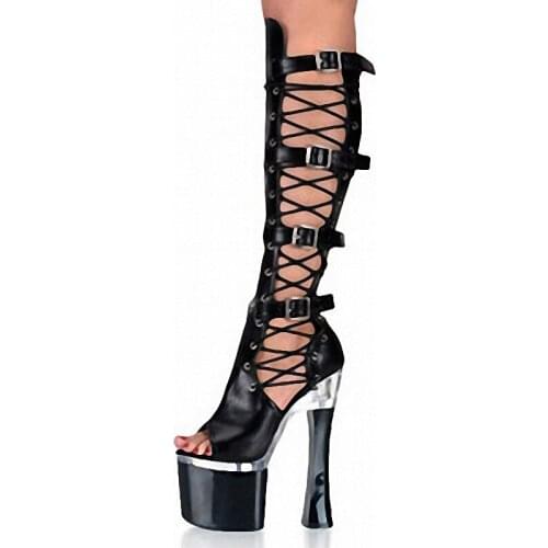 Sexy Summer Shoes Black Knee High Peep Toe Women Booties Punk Shoes For Women Boot Hollow Buckle Straps Square High Heels