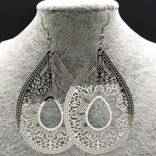 2021 Flower Stainless Steel Drop Earring Women Fashion Jewelry Silver Color Ethnic Earrings Jewelry pendientes etnicos E1548S02