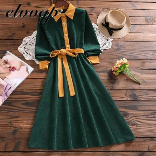 Women Green Retro Autumn Winter Dresses Female Corduroy Vintage Patchwork Midi Office Lady Dresses Chic Elegant Vestidos LU1830