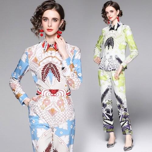 Dropship Spring Summer Fall Runway 2 Piece Womens Set Retro Vintage Print Collar Long Sleeve Top Shirt Blouse Pant Suits Outfits