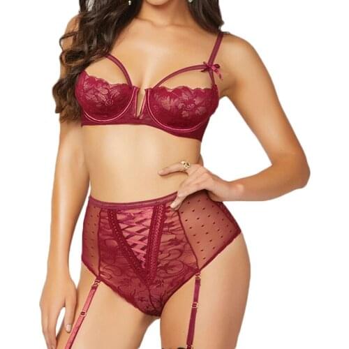 Woman Sexy Set Erotic Lace Bra + Garter belt + Panty Red Black Sexy Lingerie Set With Steel Ring Porno Wear Clothes RS80646