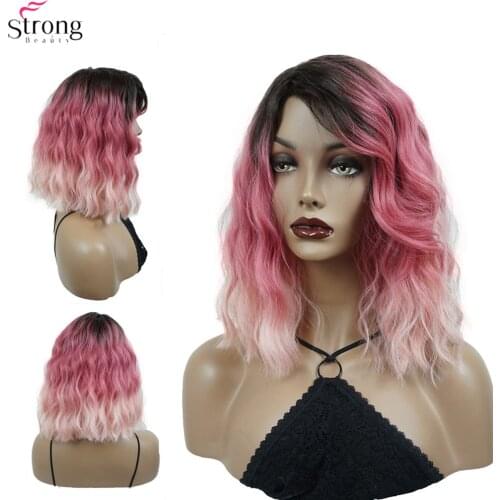 StrongBeauty Womens Medium length Curly Pink Wig Ombre Natura Side Bang Style Synthetic Wigs Hair