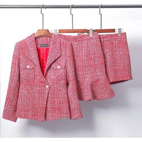 Fashion French Tweed Women Suit Coat Short Pants Skirt Set Designer Tailor Custom Wool Delicate Slim Spring Autumn Red Jacket