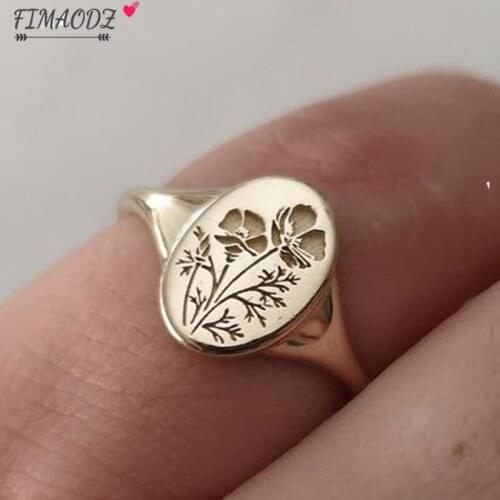 FIMAODZ Simple Fashion Carved Plant Flower Rings for Women Female Charm Bohemia Flat Wide Face Ring Summer Jewelry