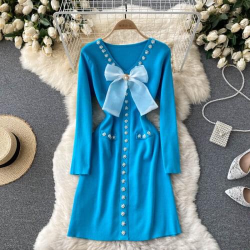 SINGREINY Women French Knitted Dress Design Beading V Neck Long Sleeve A-line Dress Autumn Winter Warm Streetwear Sweater Dress