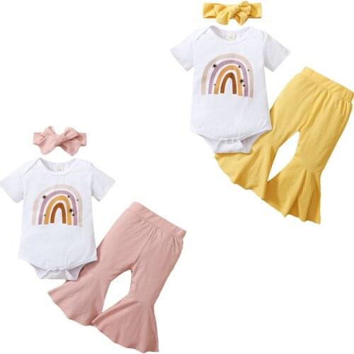 3pcs 0-18Months Newborn Baby Girls Cotton Outfits,Girls Rainbow Print O-Neck Short Sleeve Rompe+Ribbed Flared Trousers+Headband