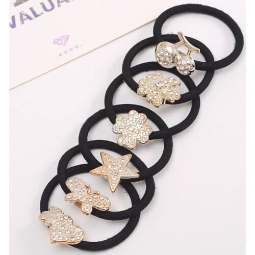 4PC Diamonds Black Headband Flower Heart Bow Hair Accessories for Women Girl Elastic Hair Bands Ponytail Holder Rubber Band Gum
