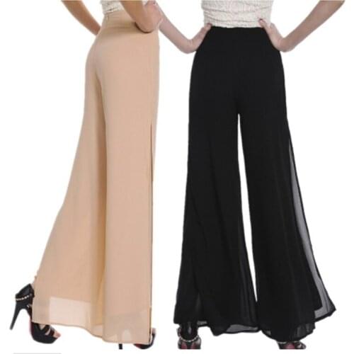 Women Chiffon Side Split Casual Pant Loose Slim Wide Leg Pants New Women Vintage High Waist Long Trousers Ladies