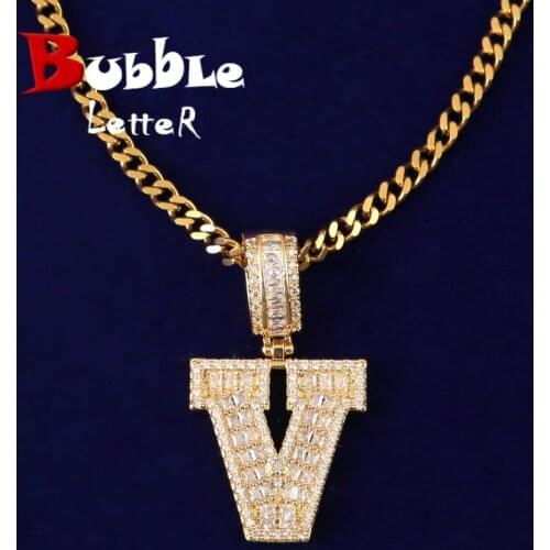 Single Solid Letters Big Zircon Baguette Pendant Hip Hop Gold Color Necklace Jewelry