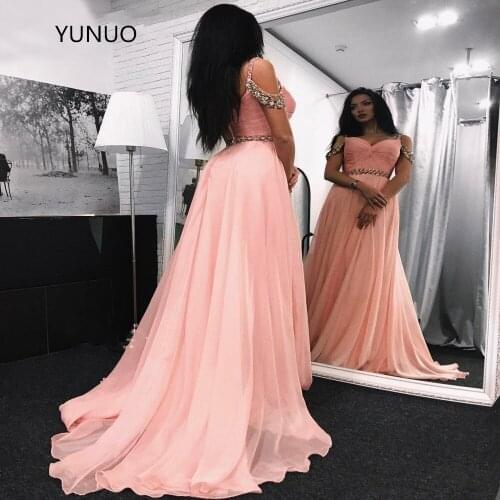 Long Evening Dresses 2021 Pink Slit Crystals Beaded Sweetheart A Line Vestidos De Festa Prom Party Dresses
