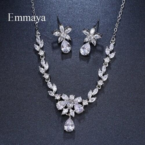 Emmaya Brand Fashion Plant Cubic Zircon Water Drop Pendant Crystal Earrings Necklace Set For Women Popular Bride Jewelry Gift