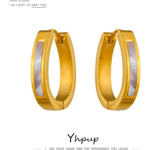 Yhpup 2021 Stainless Steel Jewelry Exquisite Natural Shell Round Hoop Earrings for Women High Quality 18 K Metal Earrings Gift