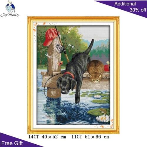 Joy Sunday Fishing Dog Needlework DA080 14CT 11CT Counted Stamped Home Decor The Fishing Dog Embroidery DIY Cross Stitch kit