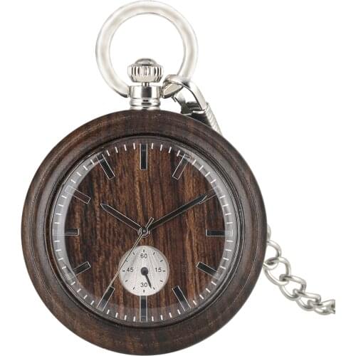 Classic Ebony Wooden Quartz Pocket Watch Special Round Analog Dial Pocket Watches Silver Pendant Chain Watch Unisex Gifts