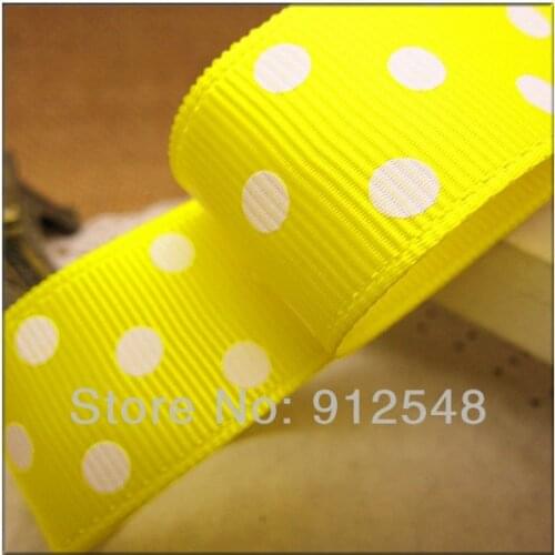 1" (25mm) Grosgrain ribbon Polka Dots printed yellow ribbon with white dots, DIY hairbow accessories,ZYD011