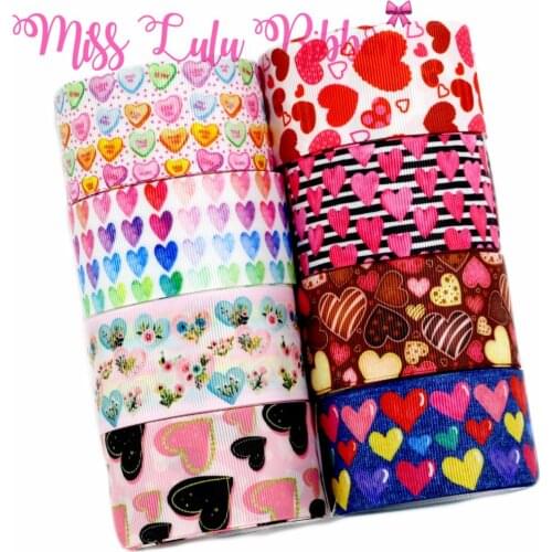 16mm-75mm Colorful Heart Series Flower Jeans Stripes Printed Grosgrain/Foe Ribbon DIY Valentines Day Hair Band 50yards/roll