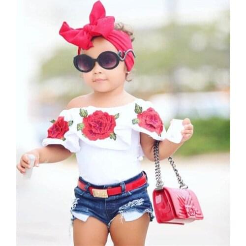 Summer Kids Clothes Girls 3D Flower Print Sleeveless Ruffle Round Neck Pullover T-Shirts Denim Hole Pants Baby 2pc Set