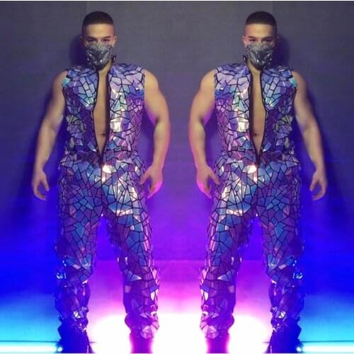 Nightclub Bar Men Dancer Stage Costume Mirror Sequins Bodysuit Rave Outfit Gogo Dancing Performance Clothes Clubwear VDB3865