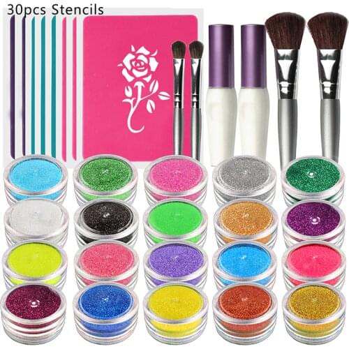 OPHIR 20 Colors Shimmer Glitter Tattoo Set w/ 30 Stencils 2 Glitter Glue & 4 Brushes for Temporary Tattoo Body Paint Nail Design