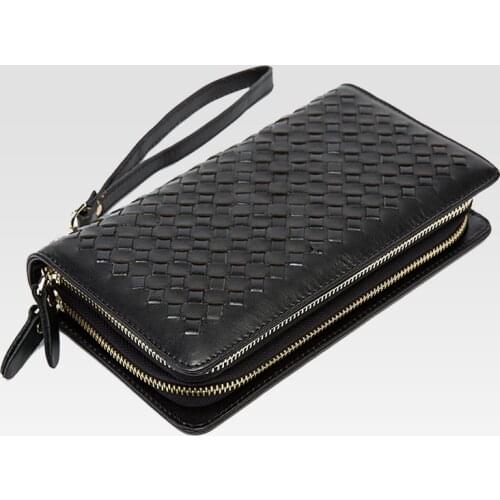Wholesale leather hand bag woven double zipper long purse Mens fashion leisure Day Clutches man women women leather Wallets