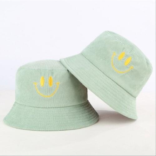 Smile Face Corduroy Bucket Hat Cap Embroidery Winter Autumn Girl Hat Bob Outdoor Hiking Fishing Cartoon Female Cap Beach Panama