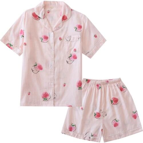 Women Leisure Loose Short Sleeve Pajamas Shorts Set Comfortable Loungewear Summer Cotton Gauze Pajama Home Clothes Sleepwear