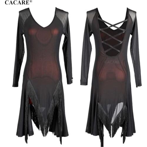 CACARE Latin Dance Dress for Women Latin Dress Fringe Salsa Latin Dance Competition Dresses D0033 Mesh Sleeve Tassels Hem