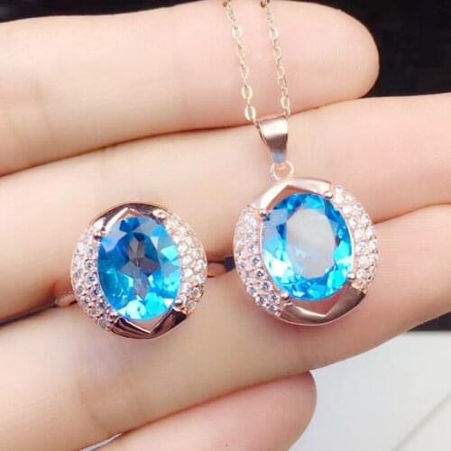 Per jewelry Natural real blue topaz jewelry set Free shipping 1pc ring 1pc pendant 3.5ct*2pcs gems 925 sterling silver S2051115