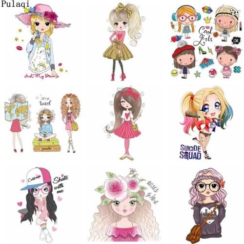 Pulaqi Iron on Transfer Cute Girl Patches for Clothes Stripes Iron Heat Transfers Vinyl Patch Thermal Sticker Applique Badge DIY