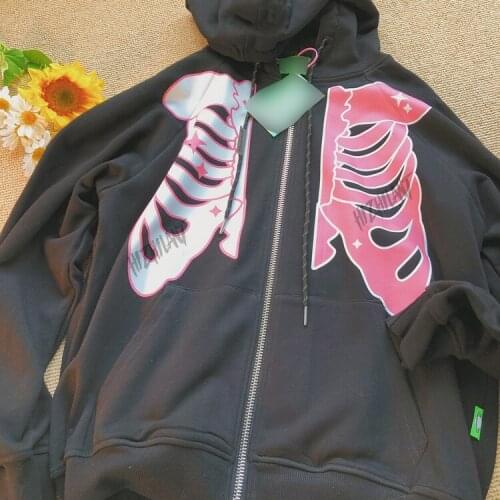 Vintage Skeleton Print Oversize Hoodies Female Zip Up Long Sleeve Womens Sweatshirt Y2K Aesthetic Kawaii Winter Grunge clothing