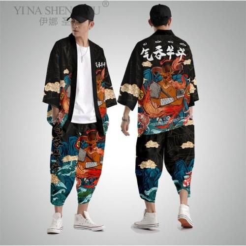 Men Japanese Kimono Traditional Casual Loose Thin a Set of Coat and Pants Asian Clothes Harakuju Cattle Print Kimono Cardigan