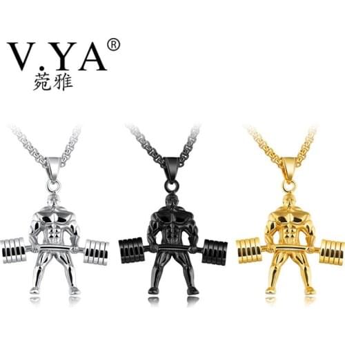 V.Ya Punk Dumbbells Weightlifting Pendant Necklaces For Men 3 Colors Stainless Steel Box Chain Male Hercules Championship Gifts