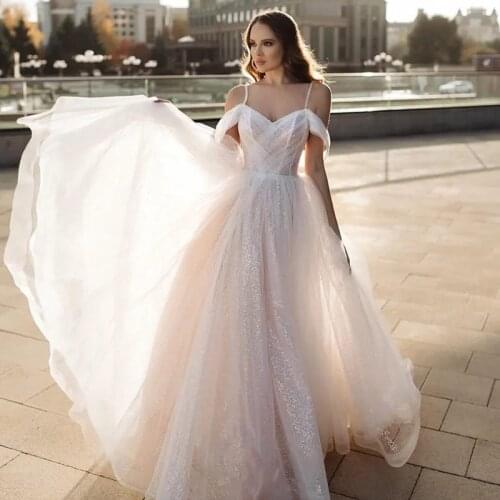 Vintage Beach Wedding Dresses Custom Made Robe de Mariee Sparky Bride Dress 2021 Spaghetti Straps Wedding Gowns Women