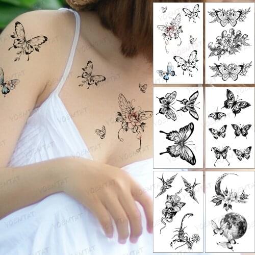 Waterproof Temporary Tattoo Sticker Butterfly Wings Blue Red Rose Flower Tatoo Back Shoulder Fake Tatto Woman Man Child Tattoos