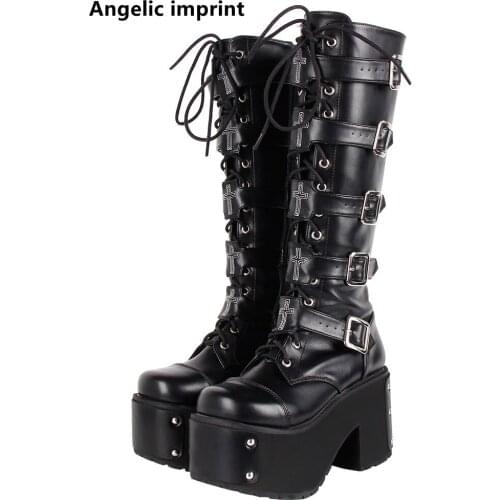 Angelic imprint handmade Women motorcycle cool punk boots lady lolita shoes woman high heels pumps 33-47 rivets 10cm heel 7008