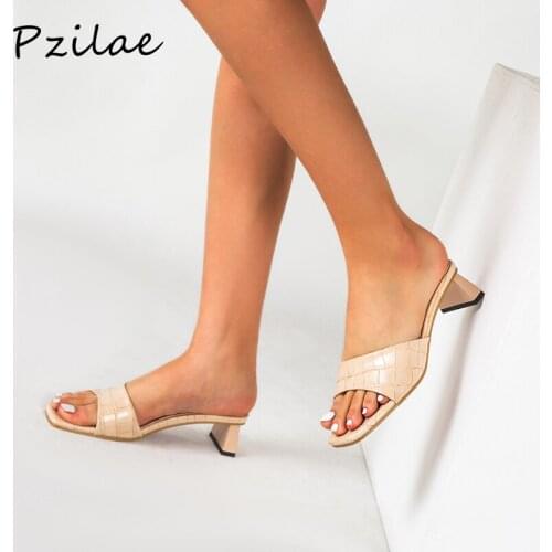 Pzilae new summer women slippers slides low heel fashion unique print leather women slippers sandals square heel shoes size 43