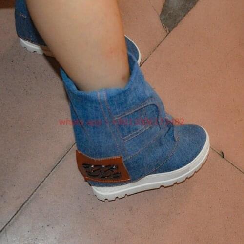 Woman platform Bottom Genuine Leather inner heel Medium Boots Large Size 10CM inner wedge heel Women blue Denim boots