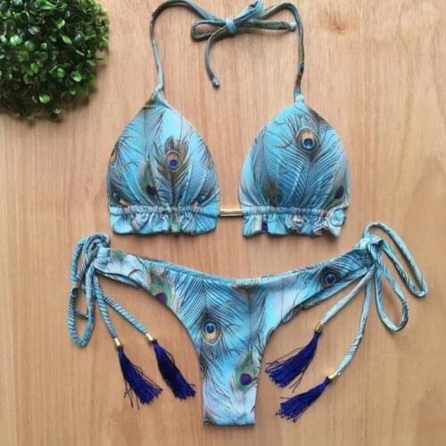 Women Floral Print Push Up Bikini Set Halter Bra Briefs Two Piece Set Swimsuit Padded Bra Lacing Briefs Swimming Suit for Beach