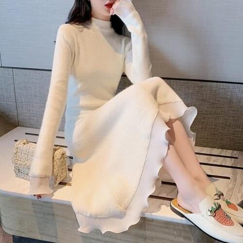 Women Long Knitted Sweater Dress Maxi Sweet Dress Winter Fairy Full Sleeve Autumn Wear Turtle Neck Bottom One Piece Patchwork