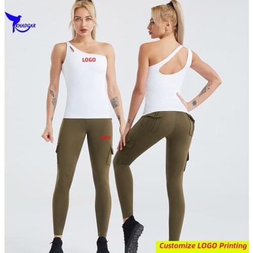 2 Pcs Built In Bra Tank Tops+Tights Yoga Suit Women Quick Dry Elastic High Waist Sports Gym Fitness Running Sports Suit Custom