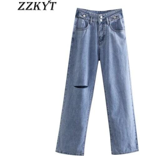 2021 Women Spring Fashion Hole Blue Denim Wide Leg Pants Vintage Loose Office Lady Jeans Zipper Fly Female Trousers Mujer