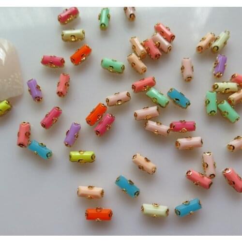 #97 5pcs Cute Mix 3*7MM Colorful Rectangle Resin Rhinestone With Gold Holder Shape Nail Resin Decoration Outlooking