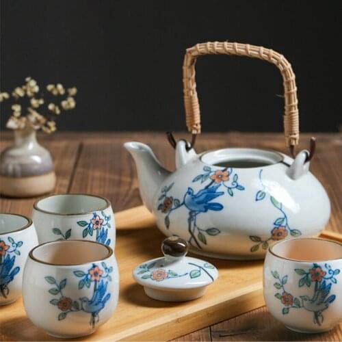 White Ceramic Porcelain Tea Set Flower and Bird Design 800ml Teapot with Handle (1 kettle + 4 teacups) Gift Box