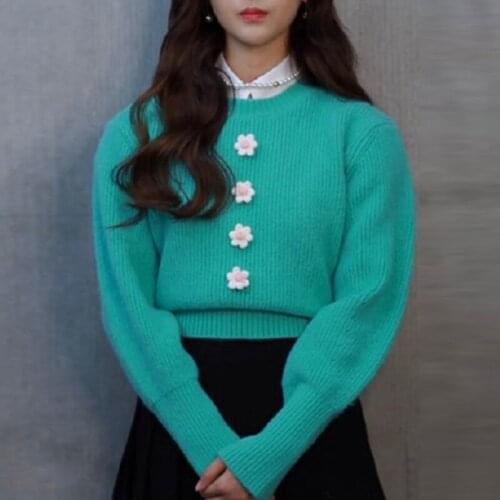 Brand Designer Crop sweater pullover women Floral Appliques Puff Sleeve Short Knit Top Jumpers Winter Jersey streewear