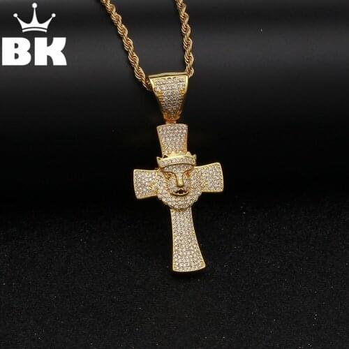 THE BLING KING Religious Cross Pendant With King Lion Head CZ Necklace Micro Full Cubic Zirconia Red Eye Copper Jewelry