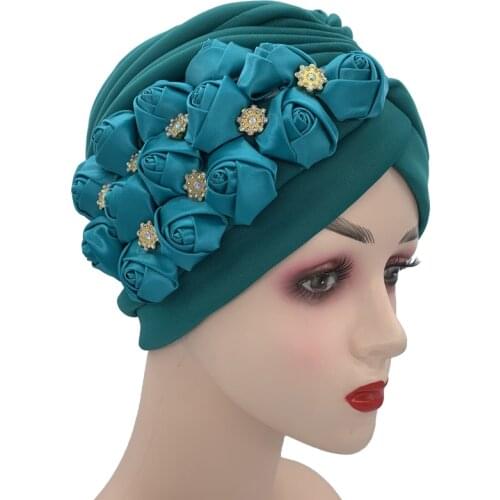 Elegant Rose Flowers Womens Cap Ready Turban Hats Muslim Headscarf Bonnet Female Head Wraps India African Hat Aso Oke Headtie