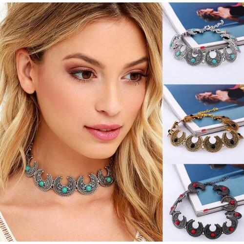 Ethnic elements turq cab beads fit on the tribal pattern alloy boho metal choker fashion jewerly necklace